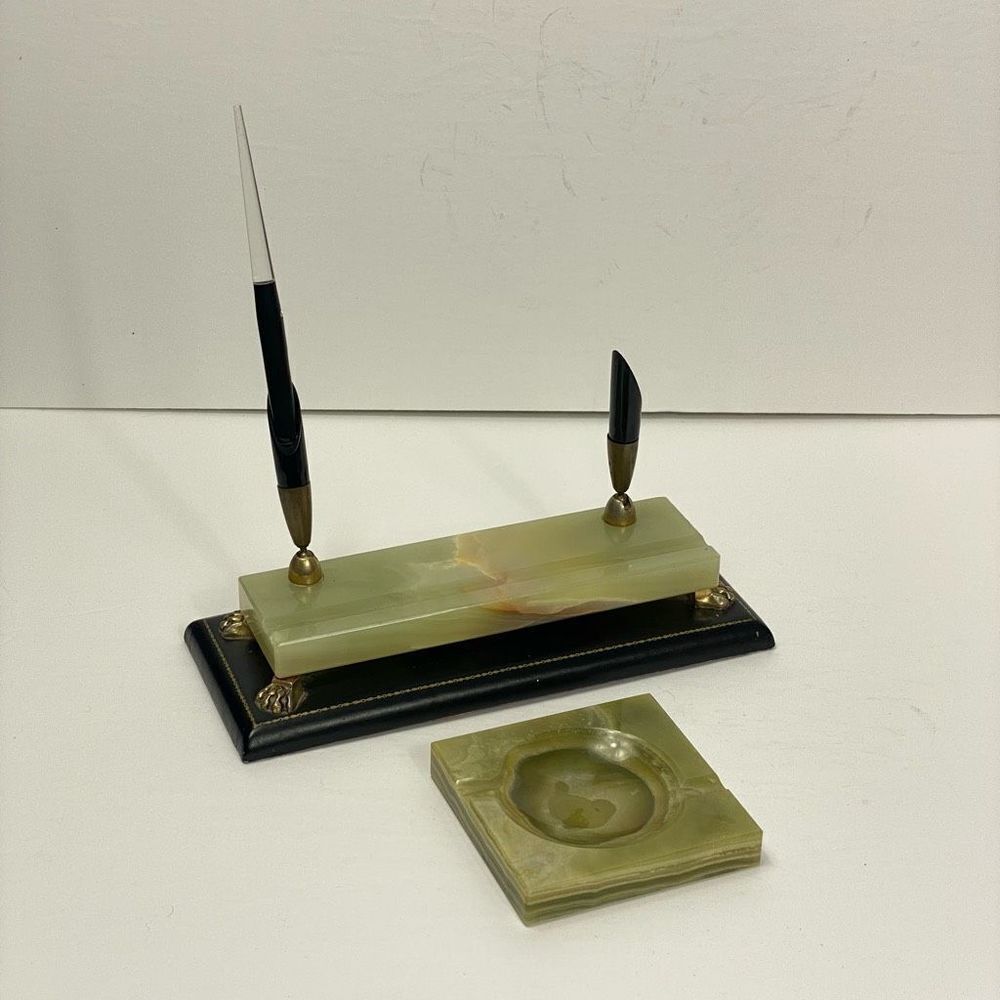 Vintage Parker Green Onyx Double Fountain Pen Base Desk Holder with Matching Ash